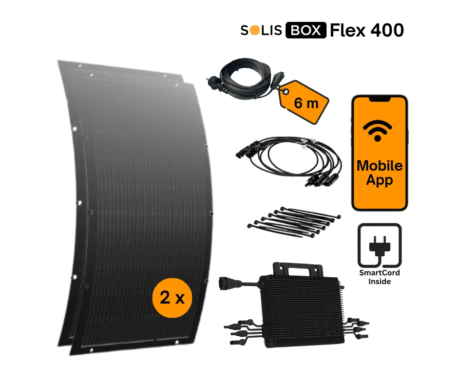 Kompletny zestaw fotowoltaiczny na balkon SolisBox Flex 400 z 2 modułami HPBC ETFE Full Black+SmartCord 6m
