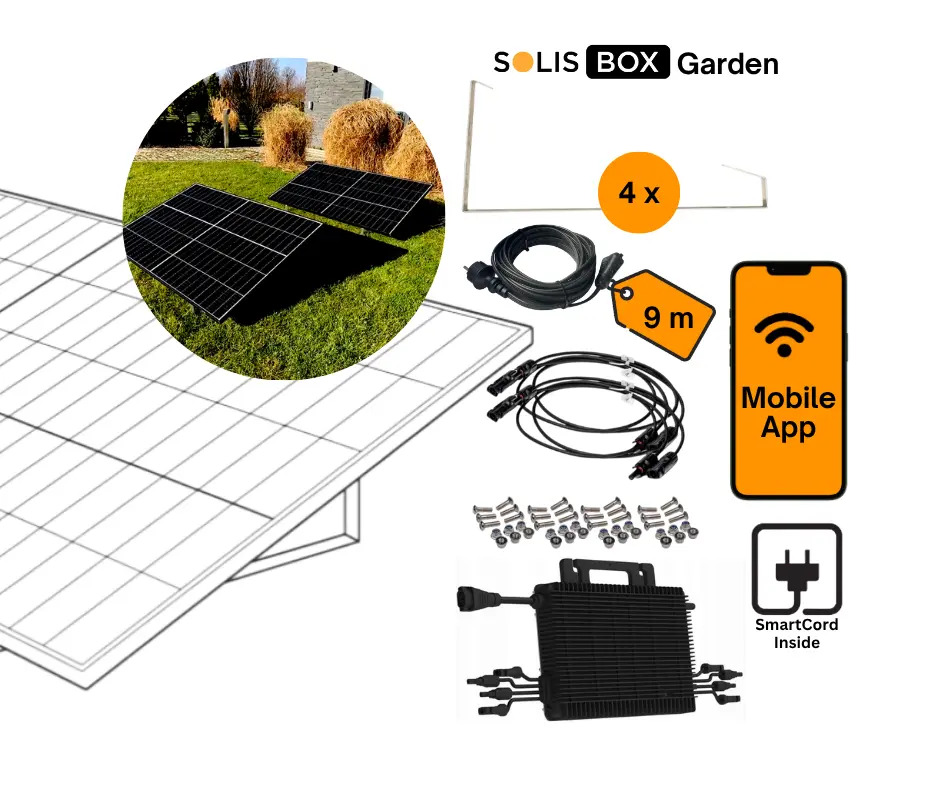 Zestaw montażowy do ogrodu SolisBox GARDEN pod 2 panele dla elektrowni fotowoltaicznej Plug-in z dożywotnią gwarancją* na uchwyty aluminium+mikroinwerter+komplet przewodów +monitoring+SmartCord 9 m