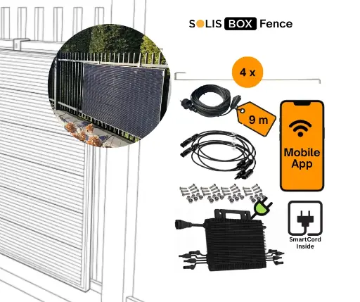 Zestaw montażowy na ogrodzenie SolisBox FENCE pod 2 panele dla elektrowni fotowoltaicznej Plug-in z dożywotnią gwarancją* na uchwyty magnelis+mikroinwerter+komplet przewodów+monitoring+SmartCord 9 m